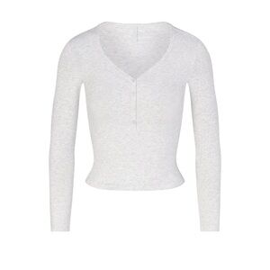 SKIMS NEW VINTAGE LONG SLEEVE CROPPED HENLEY LIGHT HEATHER GREY MEDIUM